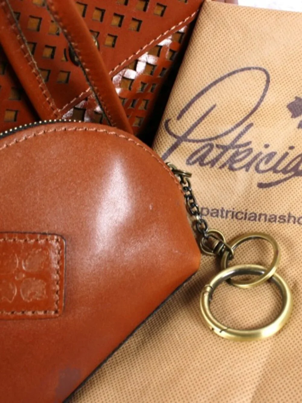 Patricia Nash Cognac Leather Bucket Crossbody Bag, Coin Purse + Duster